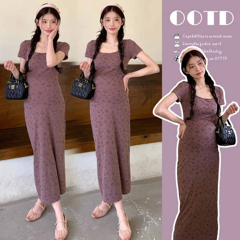 孕妇夏季2025新款连衣裙时尚修身碎花弹力气质显瘦洋气裙子中长裙