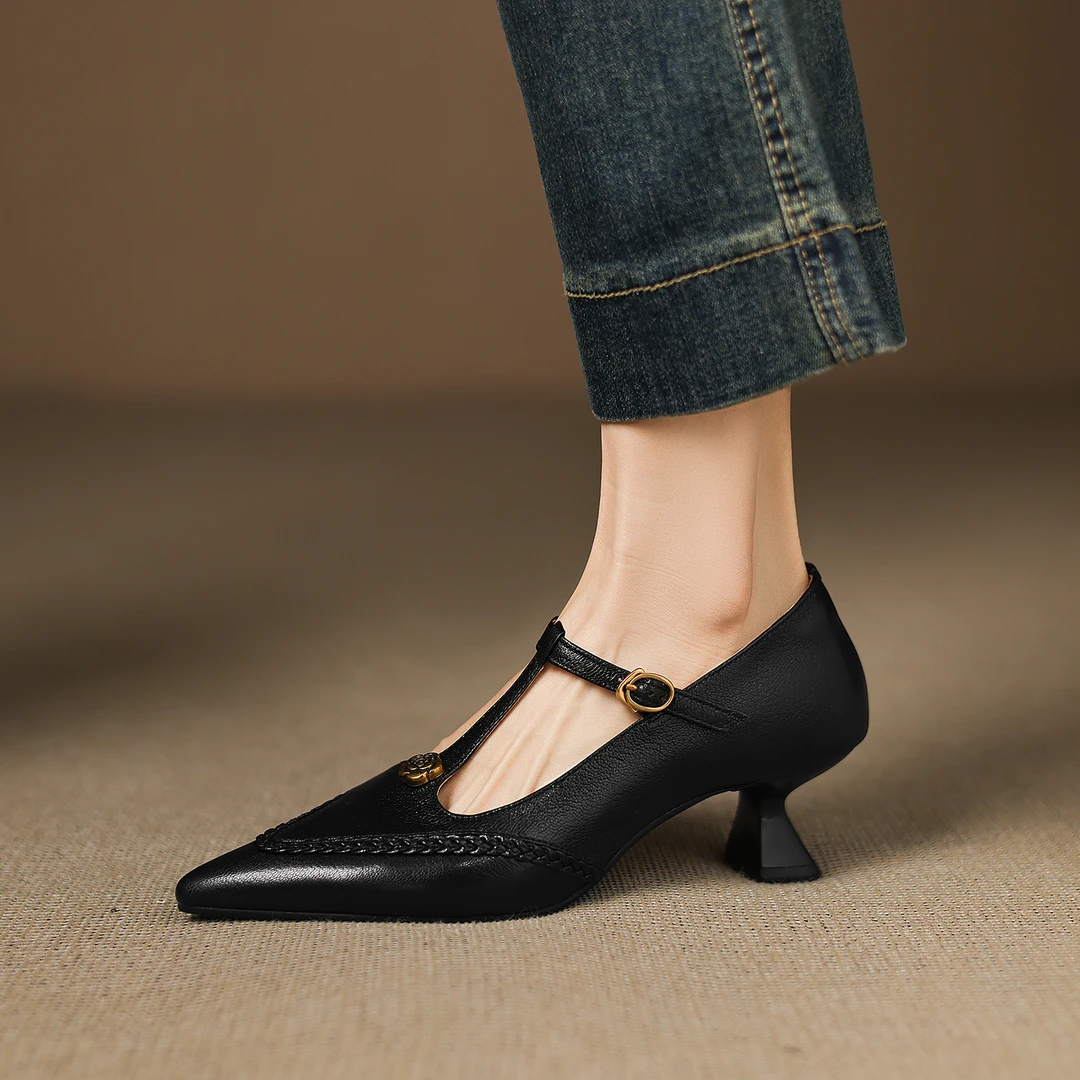 5cm山茶花T字带气质尖头单鞋细跟尖头玛丽珍高跟鞋百搭浅口配裙子