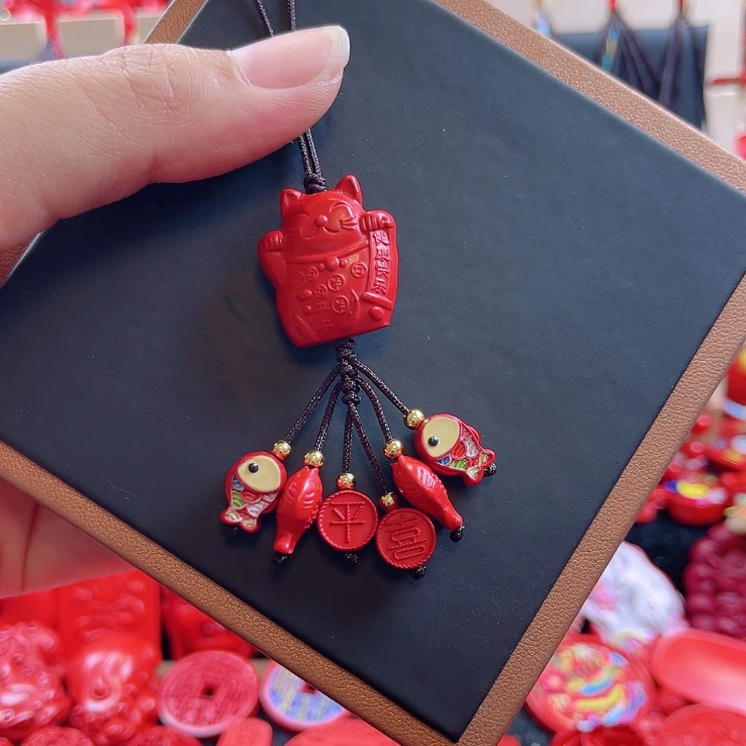 天然辰砂含辰砂工艺品财猫猫手机坠