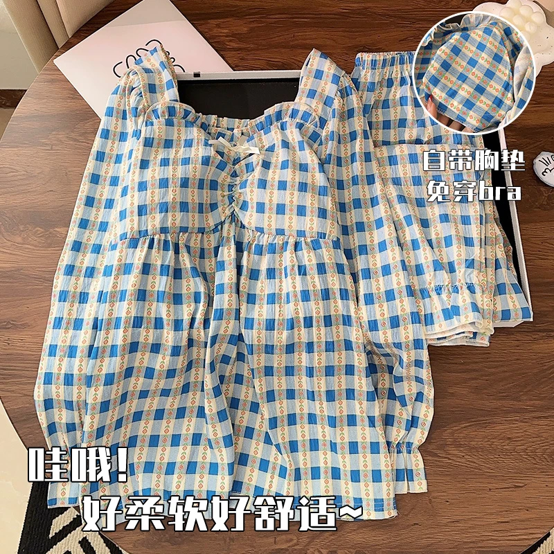 2025春季新款带胸垫云朵棉家居服套装田园风格纹小花长袖睡衣女秋