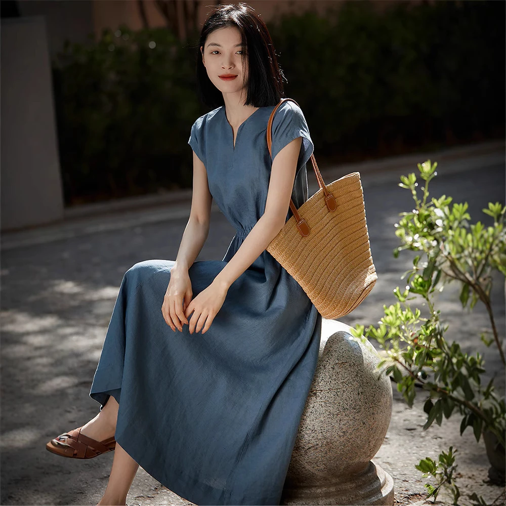 xlfs5899优雅气质收腰显瘦连肩短袖连衣裙女2025夏季新款中长裙