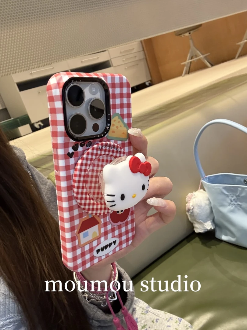 红格纹卡通小狗适用于iphone16苹果15promax手机壳14磁吸支架13套