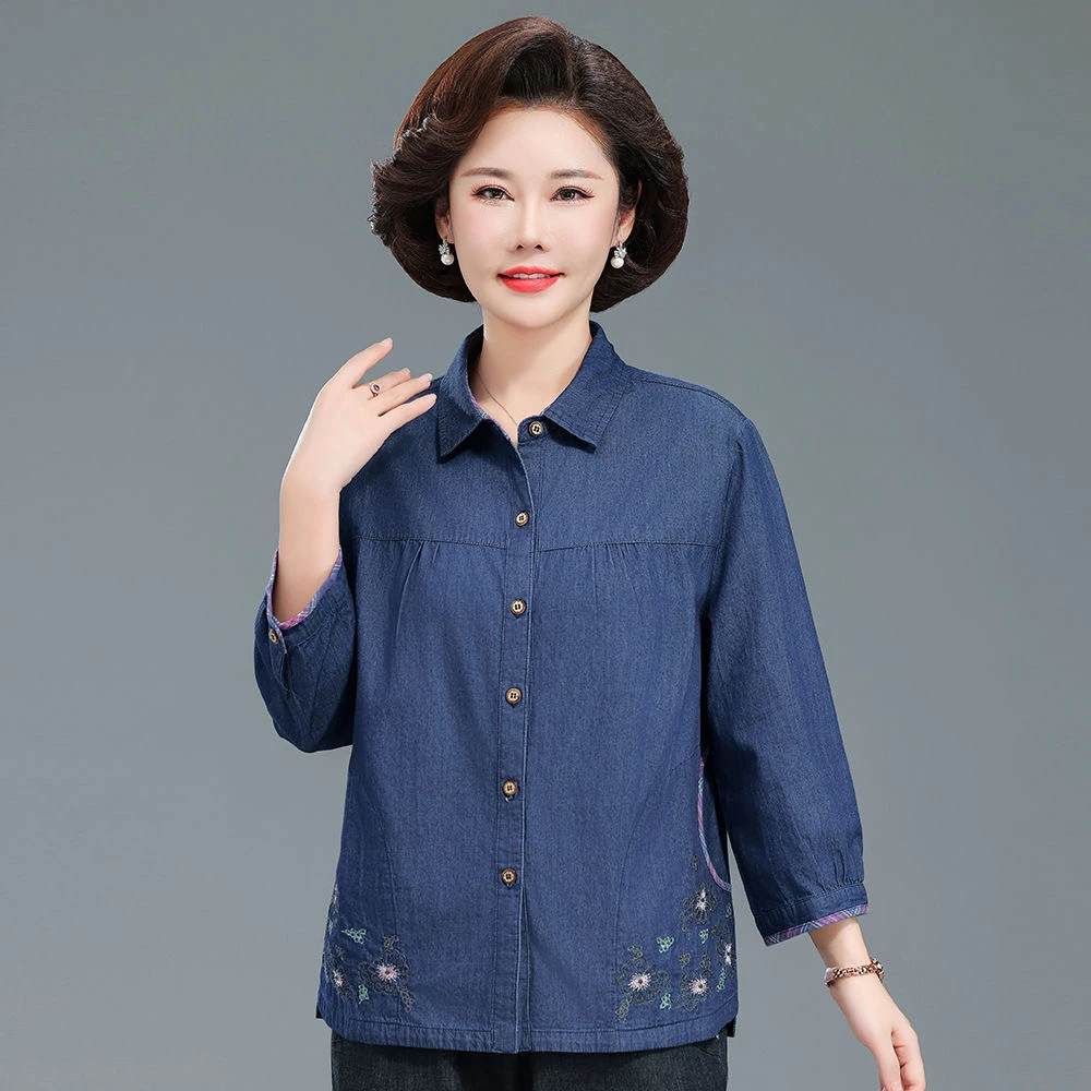 中老年女装纯棉衬衫妈妈奶奶装全棉牛仔七分袖衬衣大码开衫上衣