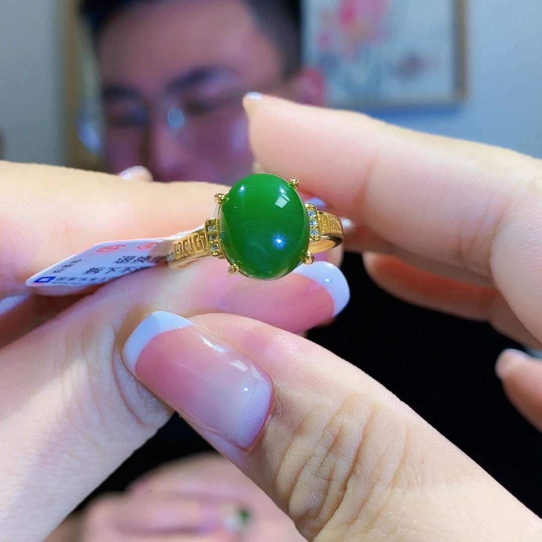 和田玉（碧玉）戒指银S925镀金镶嵌