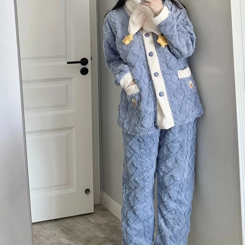 F442蓝色孕妇珊瑚绒月子服三件套L90-120XL140 微瑕