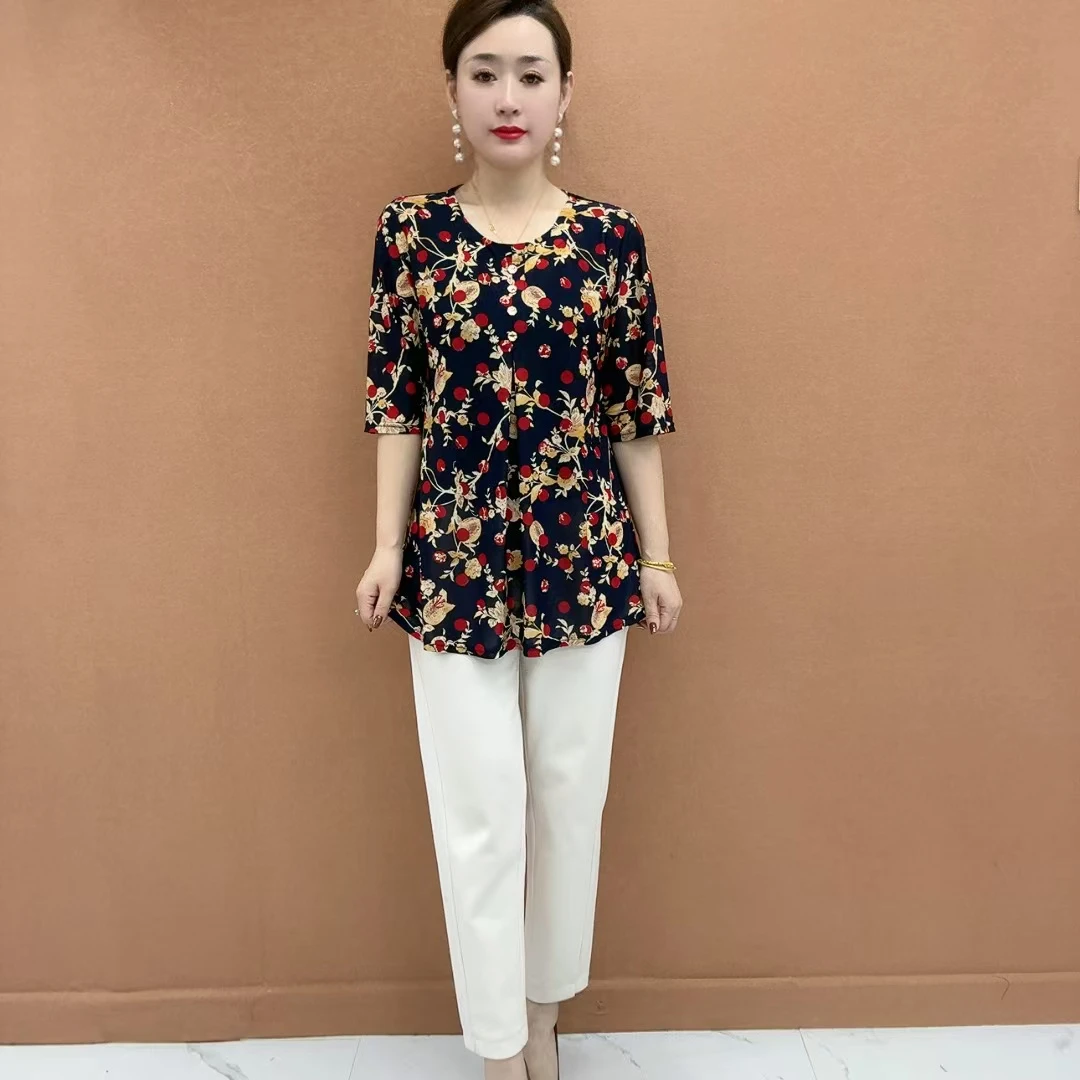 春夏季新款显瘦遮肉休闲宽松中袖时尚百搭洋气大码妈妈装A版小衫