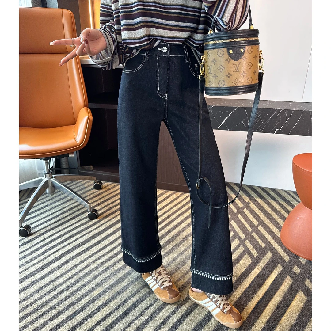 黑金撞色直筒牛仔裤女秋季新款梨形身材宽松显瘦弹力阔腿九分裤