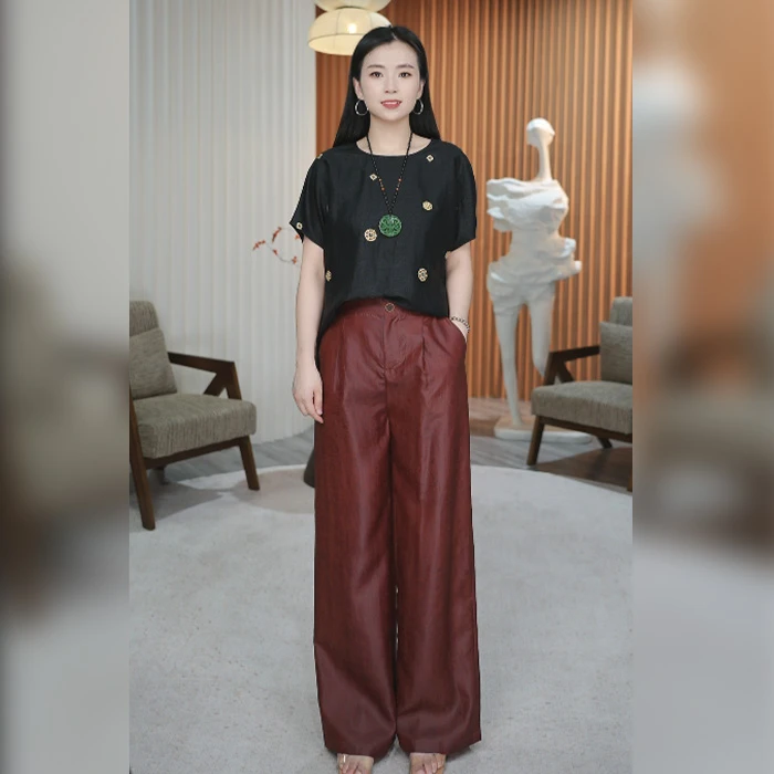 夏季新款女士桑蚕丝龟裂纹香云纱宽松阔腿裤禅意休闲裤K50805