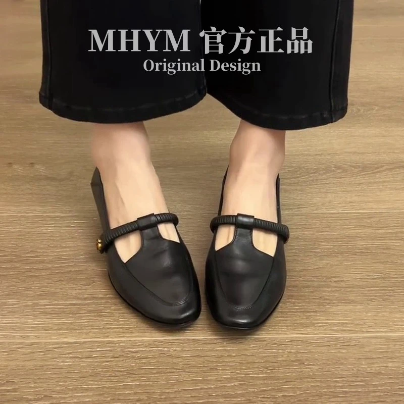 MH官方复古山茶花圆头玛丽珍女鞋通勤T字带气质浅口法式粗跟单鞋