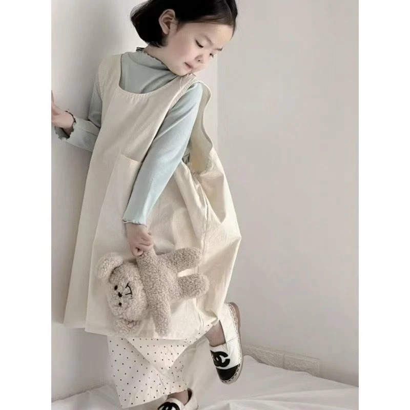 春夏秋新品韩版童装儿童简约纯色连衣裙女童背心裙点子裤套装
