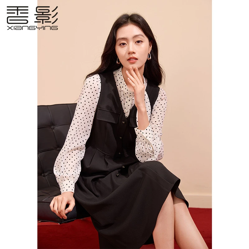 【许半夏推荐】Q851065连衣裙香影欧若新中式假两件波点拼接连衣裙