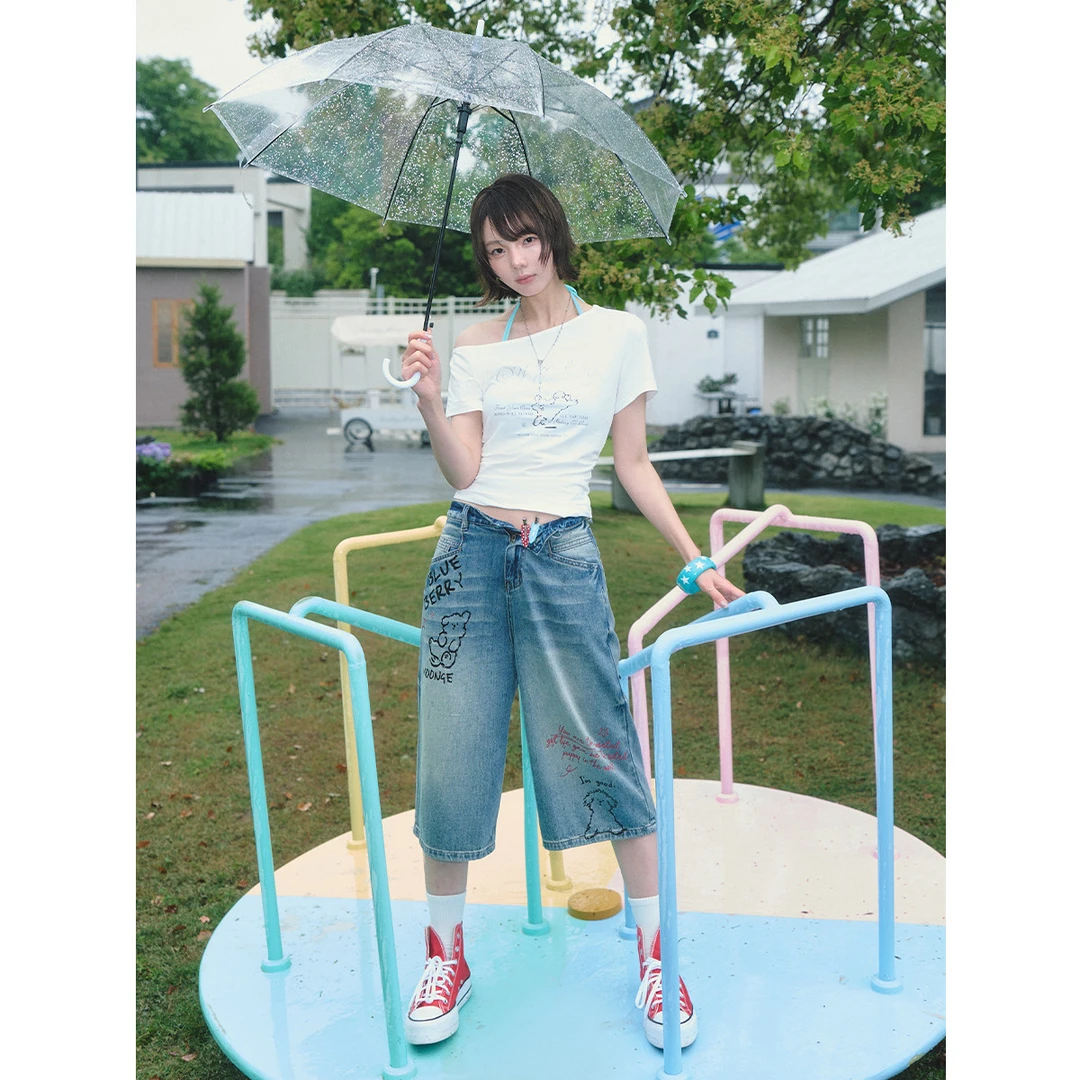 【联名系列】ablueberry×潦草小狗Moonge涂鸦美式复古牛仔中裤女