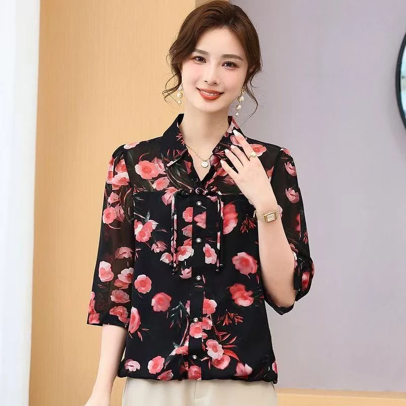 9053-粉 气质中年妈妈装碎花盘扣夏装上衣服薄款小衫【C18-1-2】