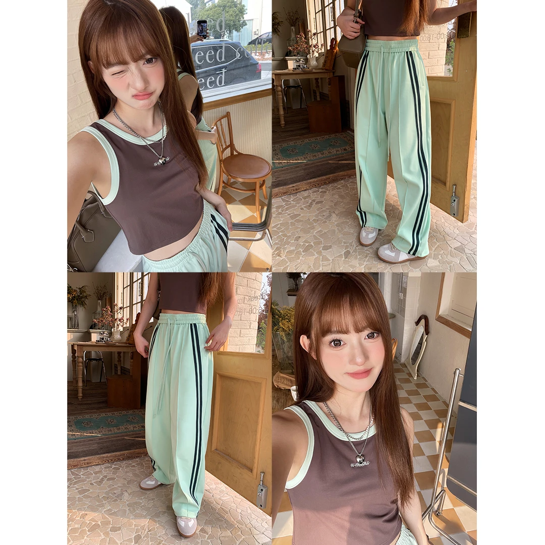 晶咕白标~天然氧吧~侧条纹运动裤显瘦休闲高腰宽松春季裤子长裤女