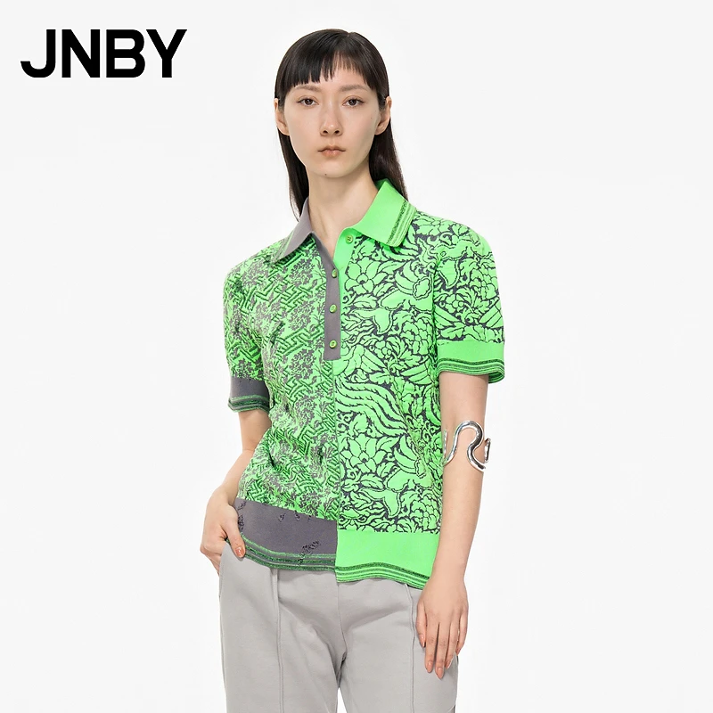 【奥莱特卖】JNBY/江南布衣春季针织衫不对称拼接复古印花5MB312720