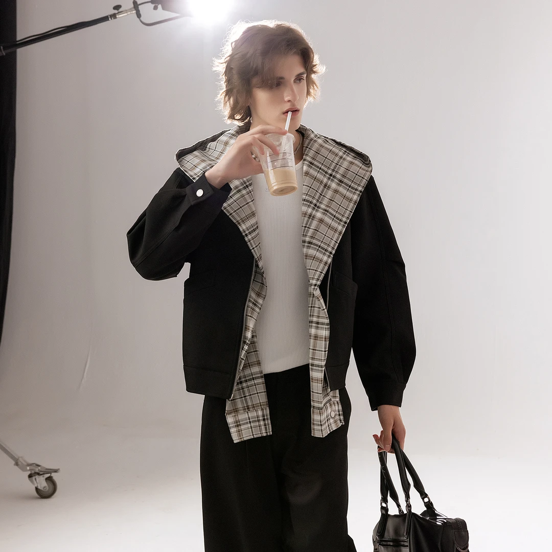 CHOR 美式风拼接连帽格子夹克外套男秋季2025新款设计感潮牌上衣