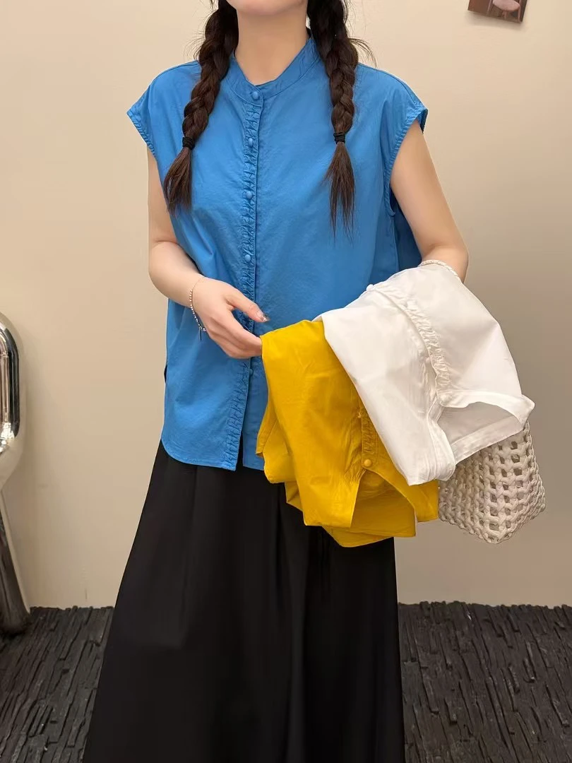 2025年新款时尚宽松翻褶门襟无袖蓝色衬衫上衣女短袖衬衫上衣女