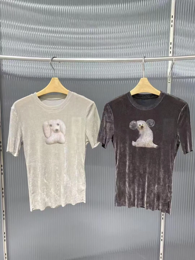 原单25春新品植绒狗狗印花T恤打底衫女5P1110020