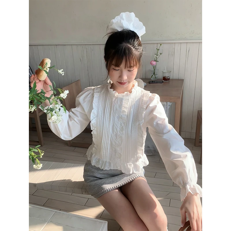 【专属门店】OKJJ白色木耳边精致长袖衬衫女2025春新款甜美花边长袖