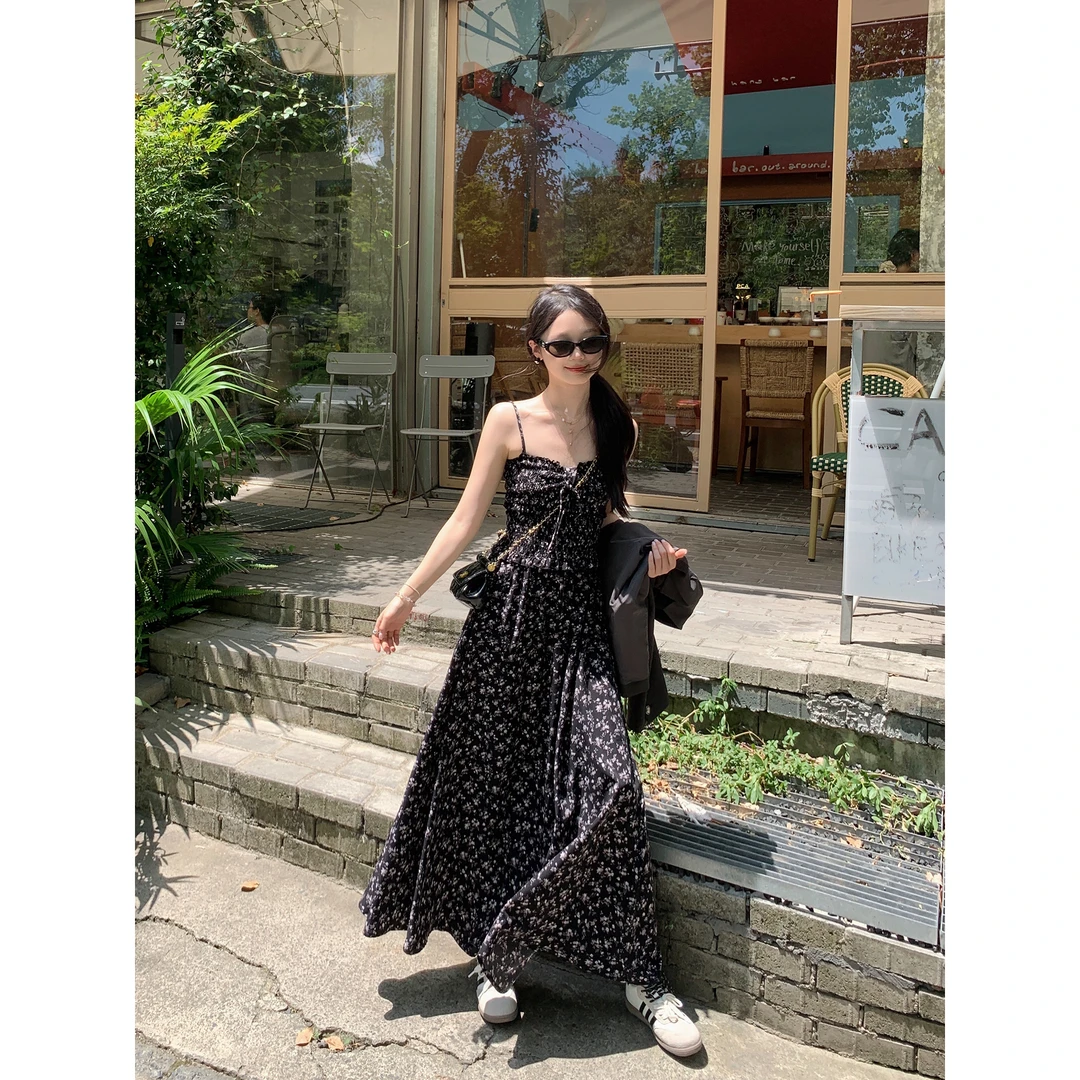 切糕自制【夏野繁花】小个子秋季流光风纯欲慵懒吊带碎花长款连衣裙