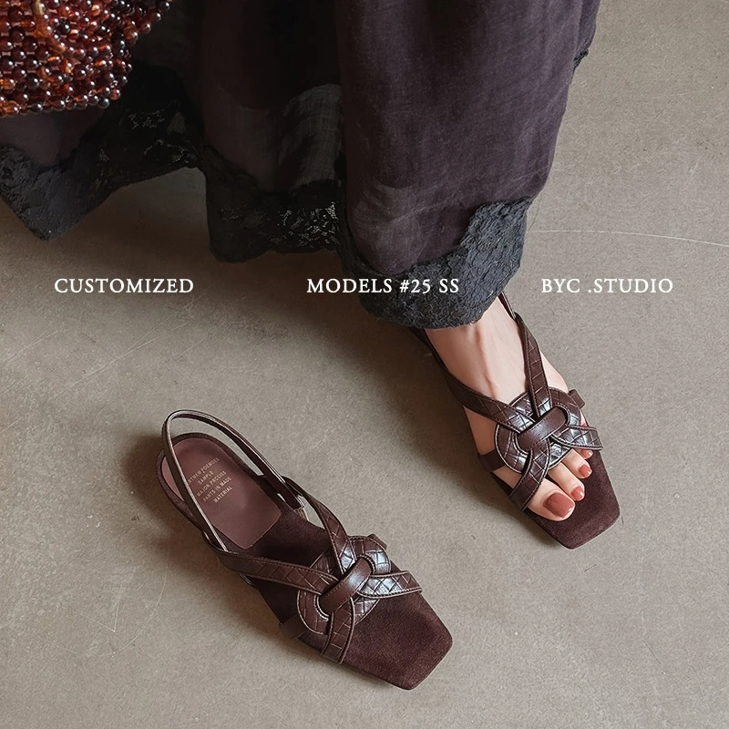 歌默Gomo轻奢小众设计款牛皮平底凉鞋女 森系复古罗马凉鞋