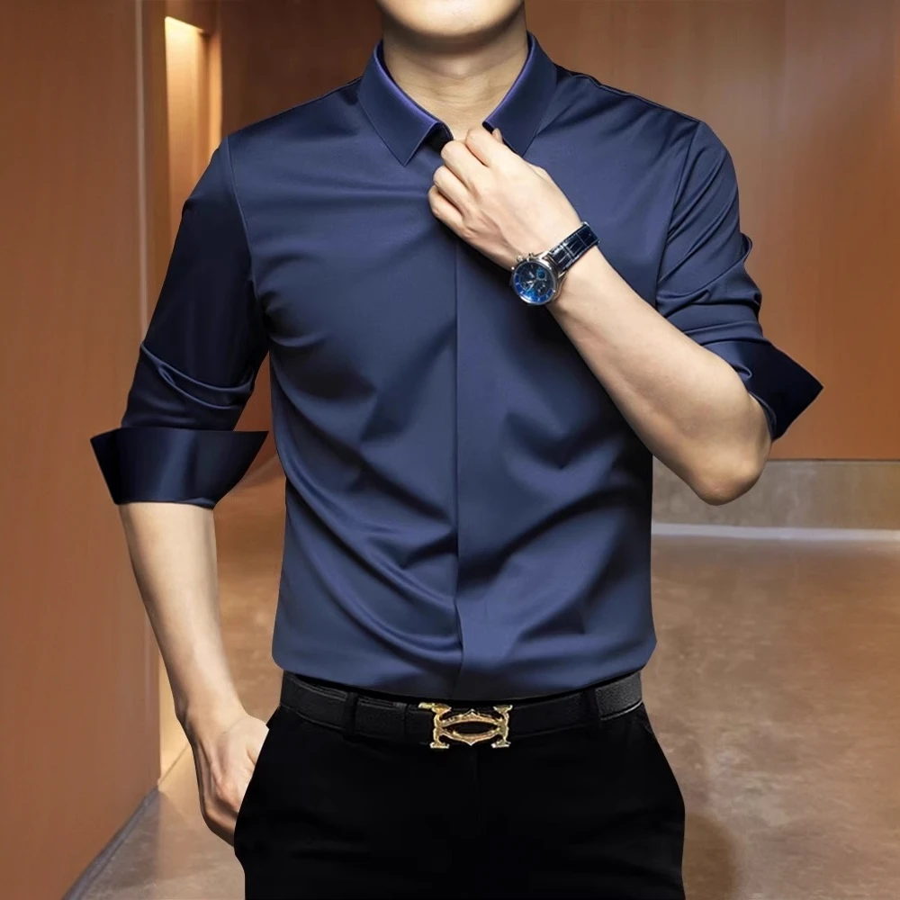 赫柏纪逸潮牌衬衣弹力修身无痕免烫抗皱高档休闲纯色男款长袖衬衫