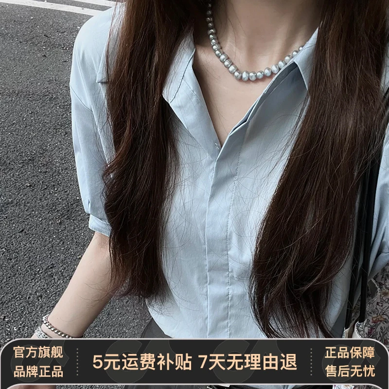 法式蓝色短袖衬衫女装夏季2025新款小个子高级感气质polo领上衣