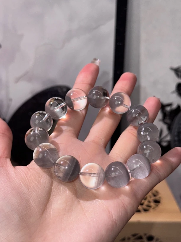 稀缺高货 收藏级天然聚宝盆半盆灰蓝幽灵水晶手串