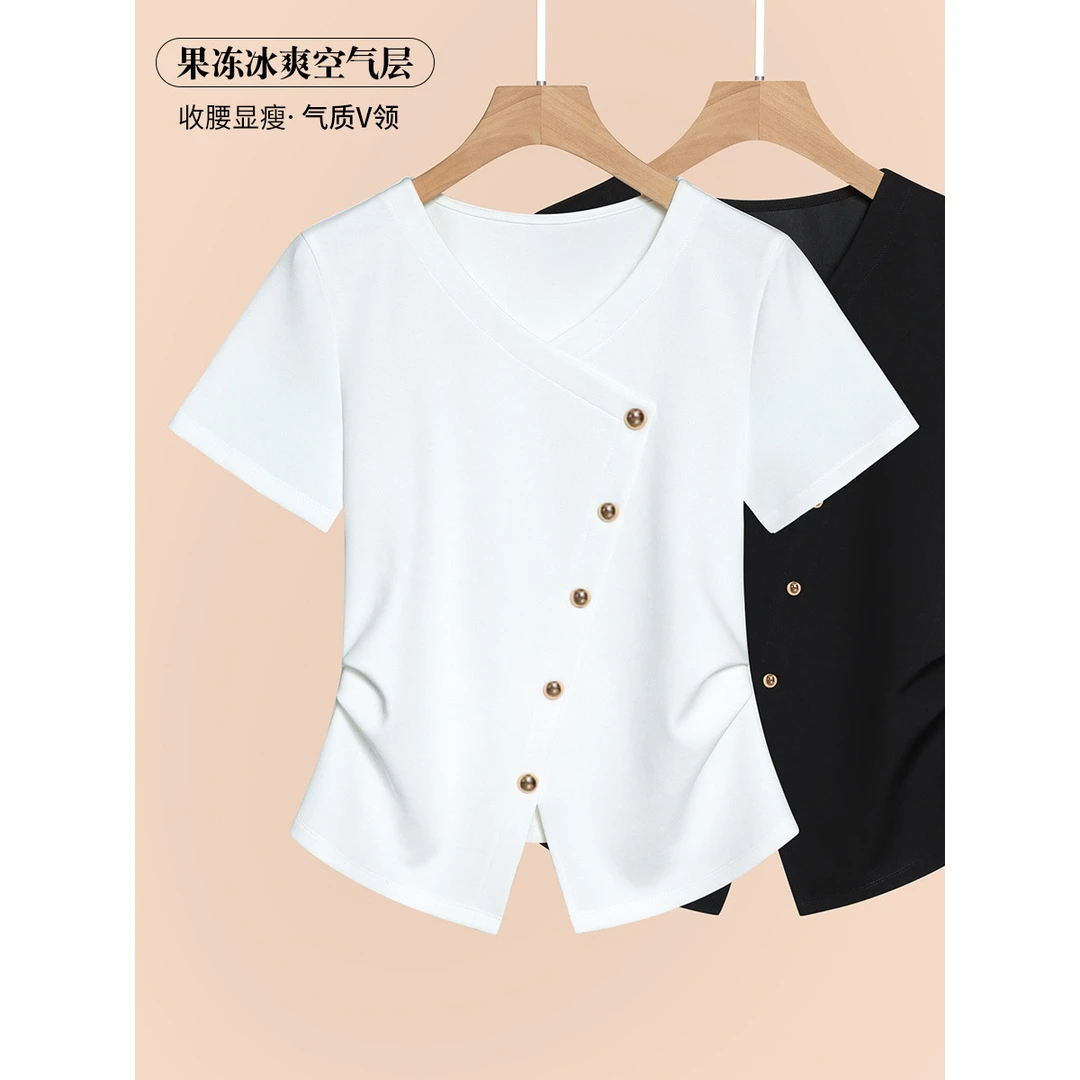 正肩短袖T恤女交叉v领纯色体恤不规则下摆收腰上衣R6738