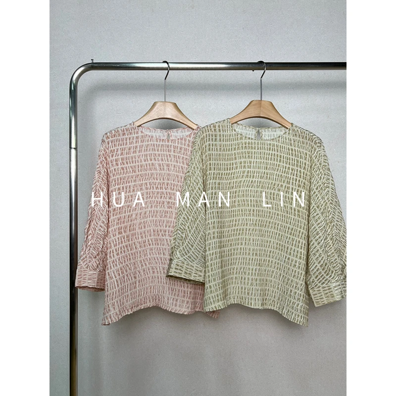 【花满林】两色圆领后一粒扣贝壳纹真丝桑蚕丝七分袖上衣11138