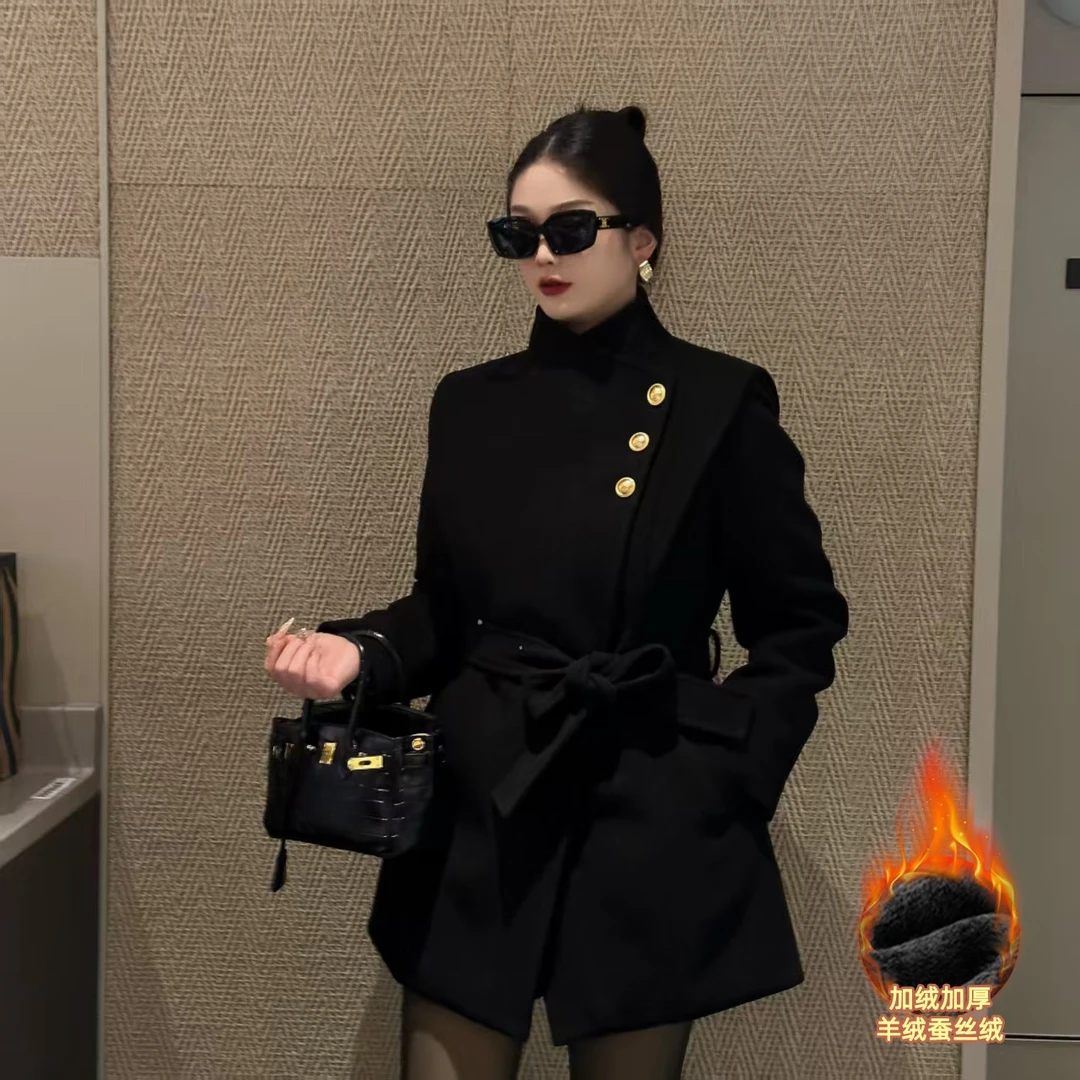 《酷飒直角肩》秋冬细羊毛重工AB面外套显瘦加绒加厚赫本风1229