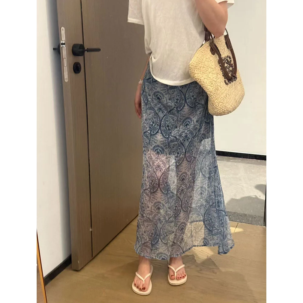 【XUEXUE】青花瓷设计感印花垂感仙女飘逸感透纱半身裙显瘦气质小众