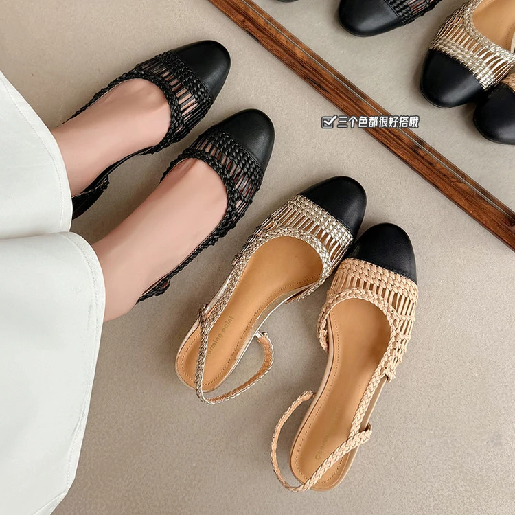 成都手工真皮女鞋粗跟黑白包头凉鞋女透气镂空编织后空单鞋高跟鞋