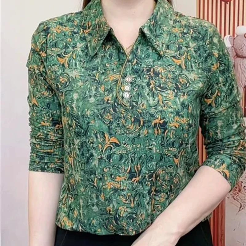 2025秋装新长袖打底衫妈妈装洋气上衣D翻领显瘦百搭衬衫印花长袖