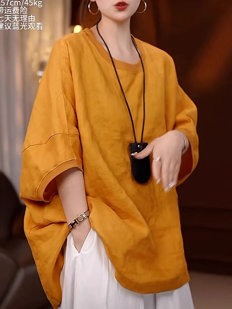 百搭T恤100%纯亚麻纯色短袖显瘦圆领蝙蝠袖中国风1