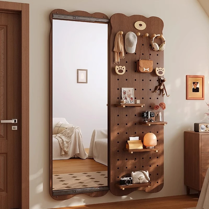实木洞洞板带穿衣镜一体壁挂门后置物架家用多功能墙上全身镜挂钩