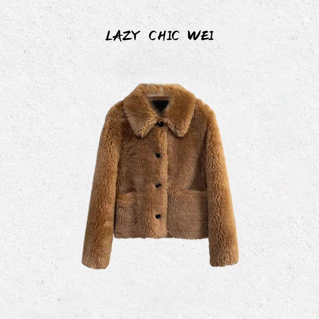 WEI “榛子摩卡”100绵羊毛卷毛翻领外套2588SSW5728