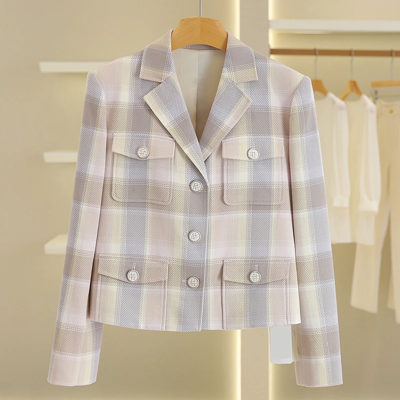 B198-【歌】时尚格纹单排扣短款西装外套#ZGE57W072
