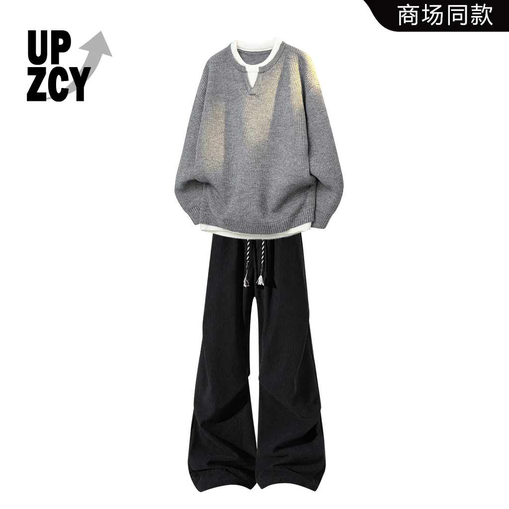 UPZCY美式休闲圆领毛衣套装男款冬季宽松百搭灯芯绒休闲裤两件套