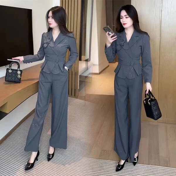 2025春秋新款气质干练休闲套装显瘦洋气西装领上衣裤子通勤两件套
