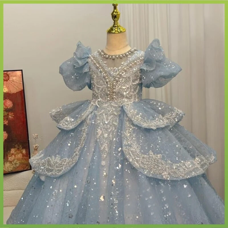 冰雪女王公主裙花童婚礼生日女童主持人高端儿童蓝色礼服走秀演出