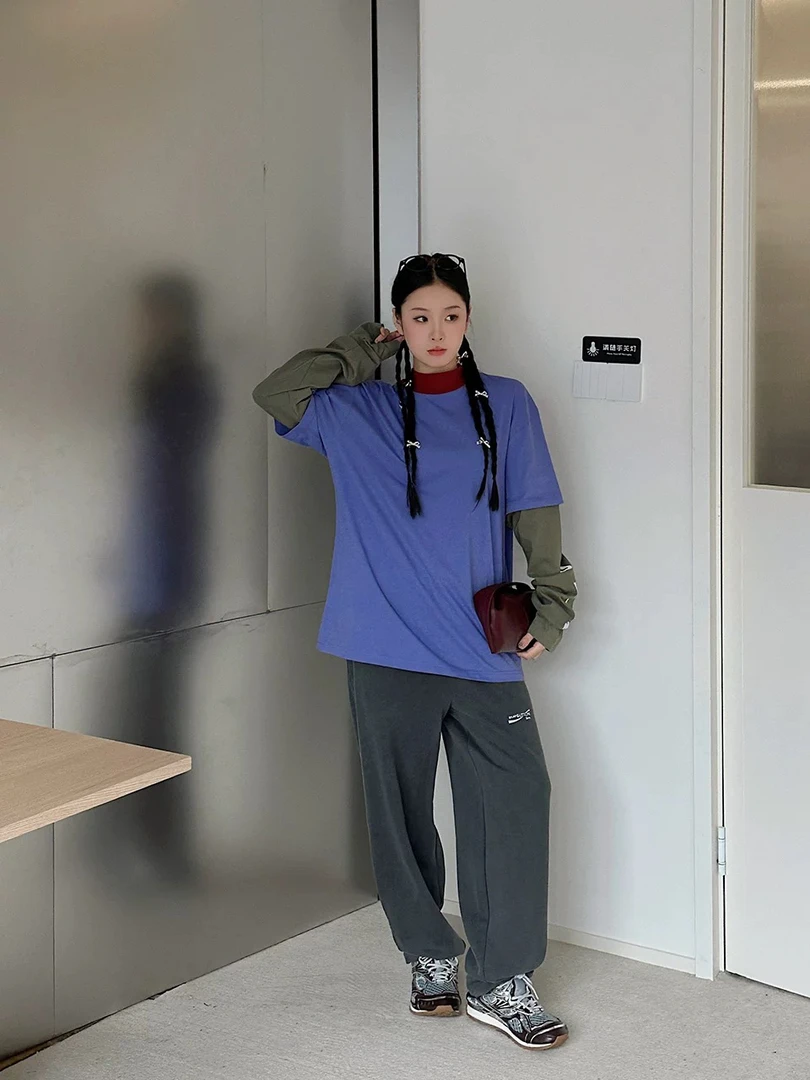 设计师款2025春zero系列撞色拼接假两件宽松长袖T恤印花上衣女