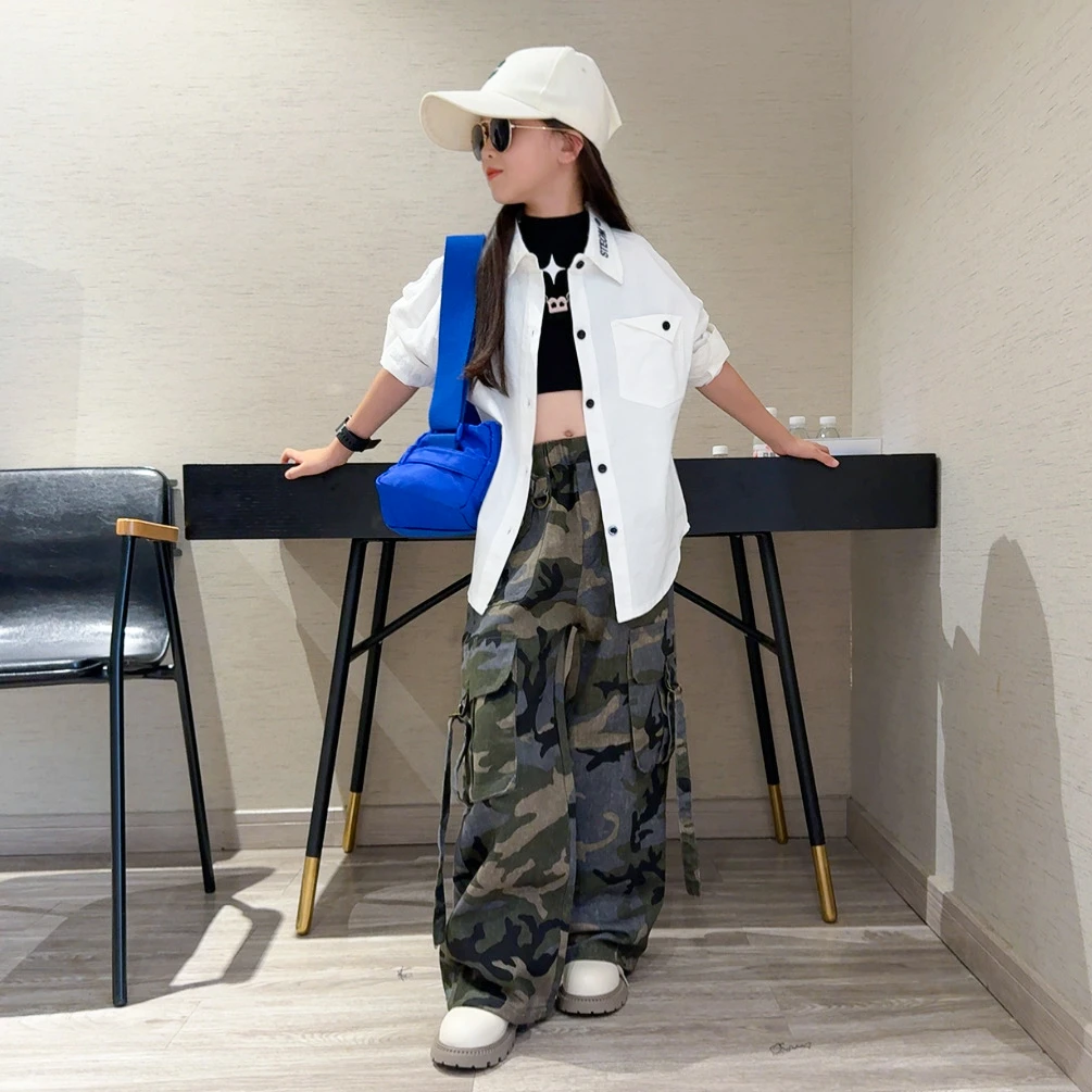 女童秋款2025新款白色衬衫上衣女孩春秋潮酷工装直筒迷彩裤套装