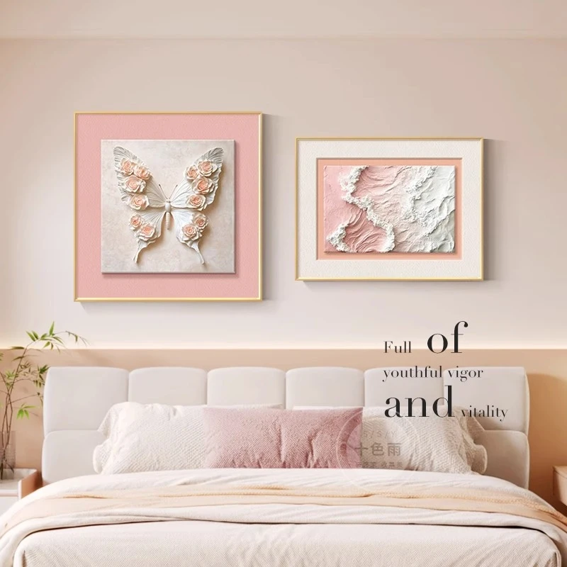 奶油风卧室床头装饰画法式蝴蝶主卧组合立体平面高级感背景墙壁画