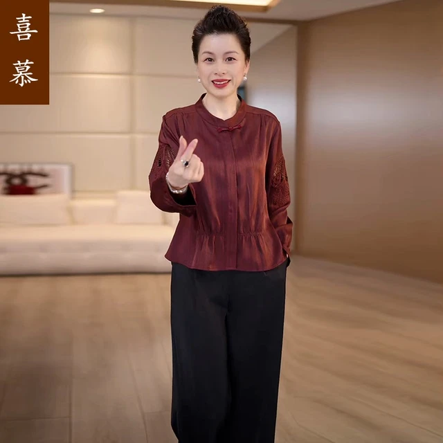 【喜慕】2025新款妈妈装春夏丝缎套装国风中年女装两件套上衣裤子