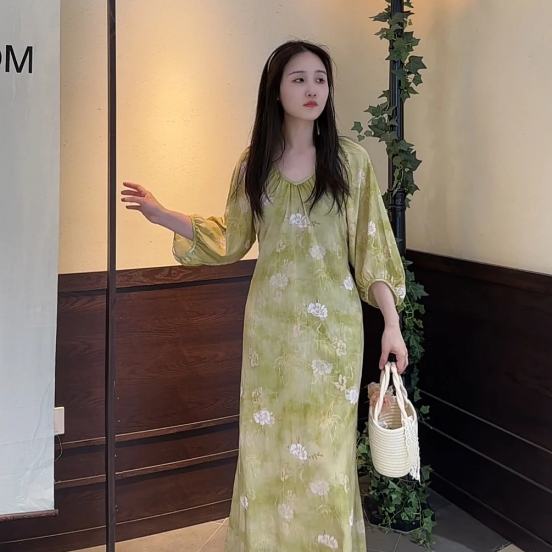 夏季新款公主袖长裙宽松系带连衣裙温柔风法式复古显瘦碎花时尚