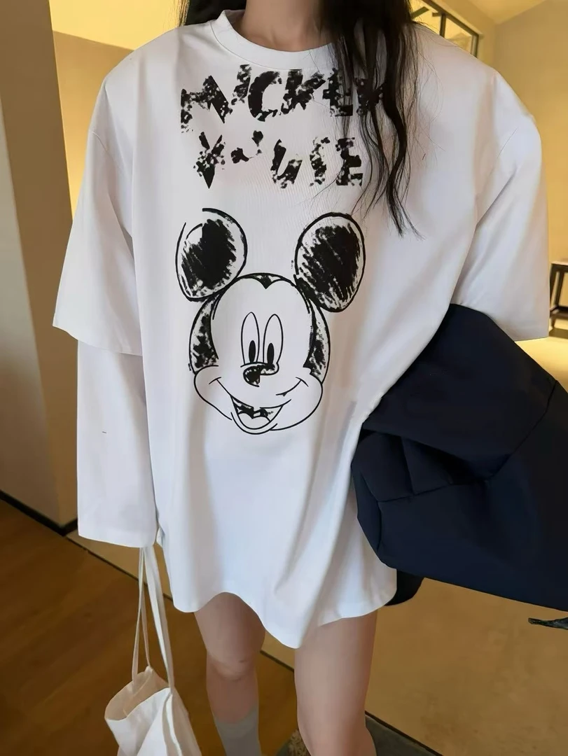 2586#【東Room】2025春季新款卡通字母印花假两件长袖T恤女