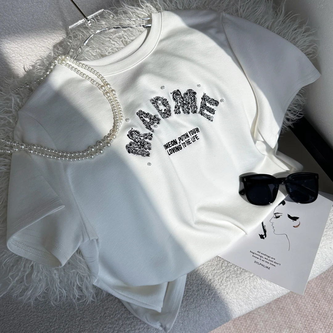 简约小众舒适钉珠印花T恤上衣 25 1073