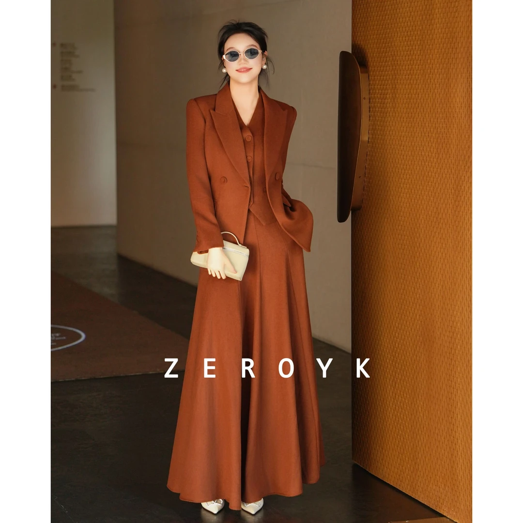 ZEROYK翎蔻 深圳南油2025冬季精纺绵羊毛收腰西装半身裙马甲套装