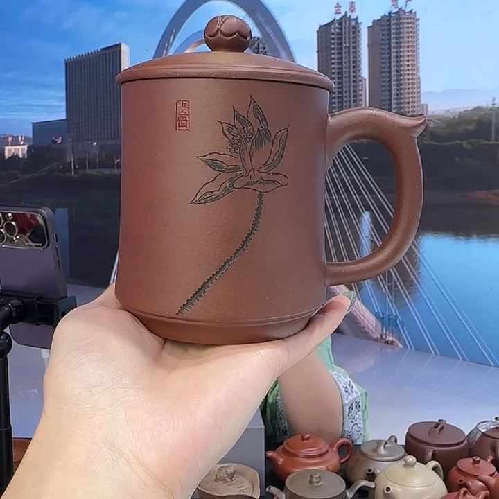 茶杯紫砂紫泥莲花刻绘盖杯
